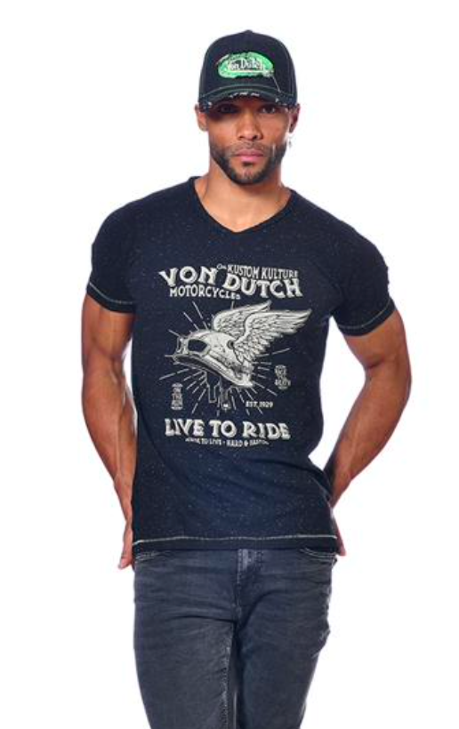 VON DUTCH TEE SHIRT MC REGULAR FIT EM V PRINT FRENTE COR PRETO